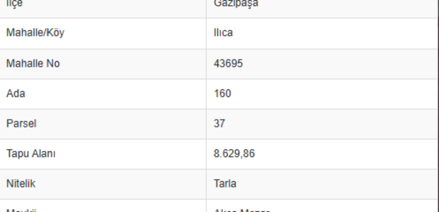 ILICA GAZİPAŞA İKİ TAPU MÜSTAKİL TOPLAM 45.713M2 DOĞA MANZARA 7.500.000TL