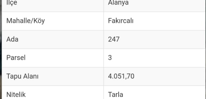 FAKIRCALI DEMİRTAŞ ALANYA 4.052M2 SATILIK TARLA 4.500.000TL